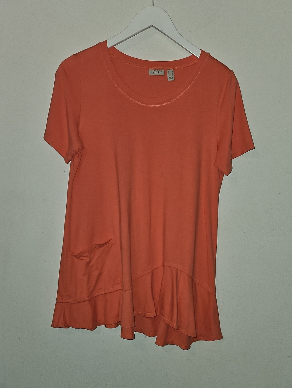 LOGO by Lori Goldstein Coral Asymmetric Ruffle Hem Short Sleeve Tunic